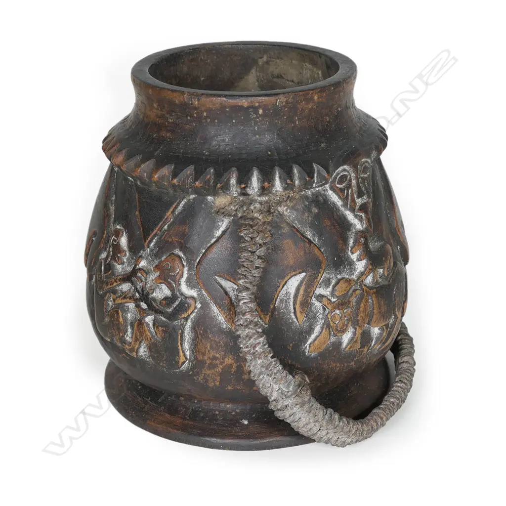 A large carved wood lime container with figural (man & boy) cover, Image 1++